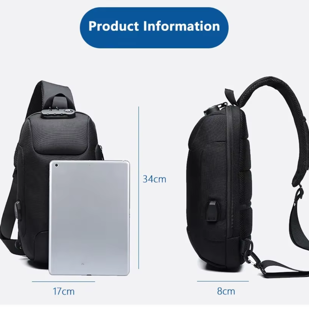 17 x 8 x 34 cm Anti-Diebstahl Sling Bag Herren & Damen - Wasserdichte Brusttasche mit USB-Anschluss