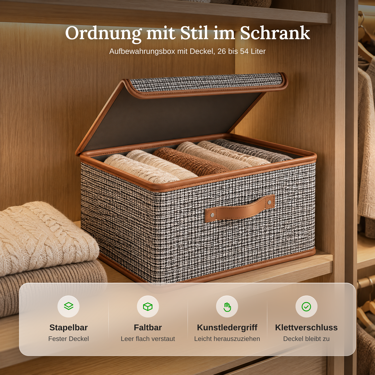 Vorteile der Aufbewahrungsbox mit Deckel: stapelbar, faltbar, Kunstledergriff, Klettverschluss
