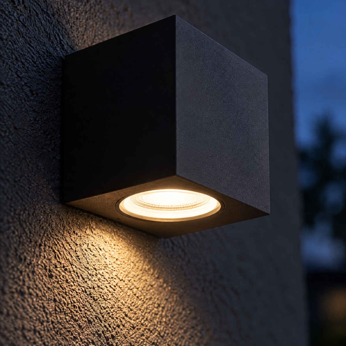 Nahaufnahme der schwarzen Außenlampe aus Aluminium mit leuchtender LED-Linse
