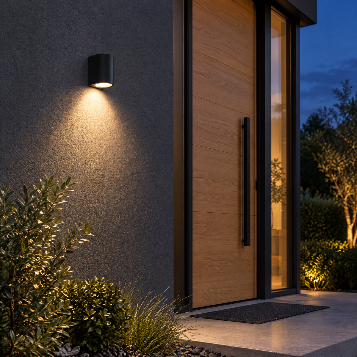 Außenlampe LED halbrund 3 W in Schwarz an dunkler Hausfassade neben der Haustür, warmweißes Licht nach unten