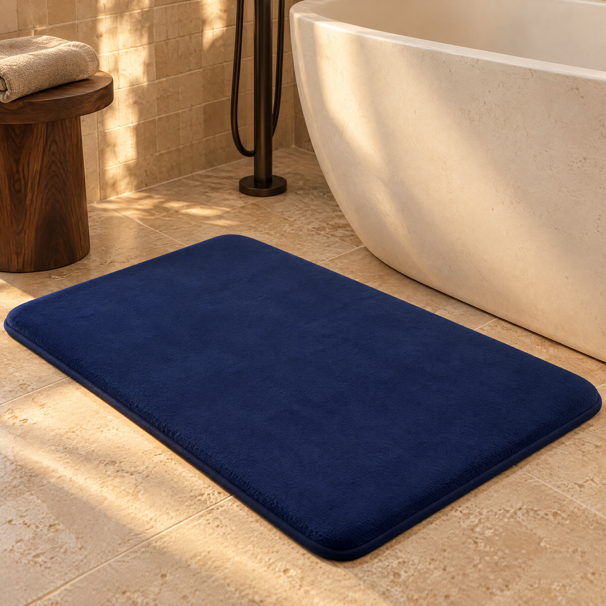 Marineblaue glatte Badematte mit Memory-Schaum neben einer freistehenden Badewanne