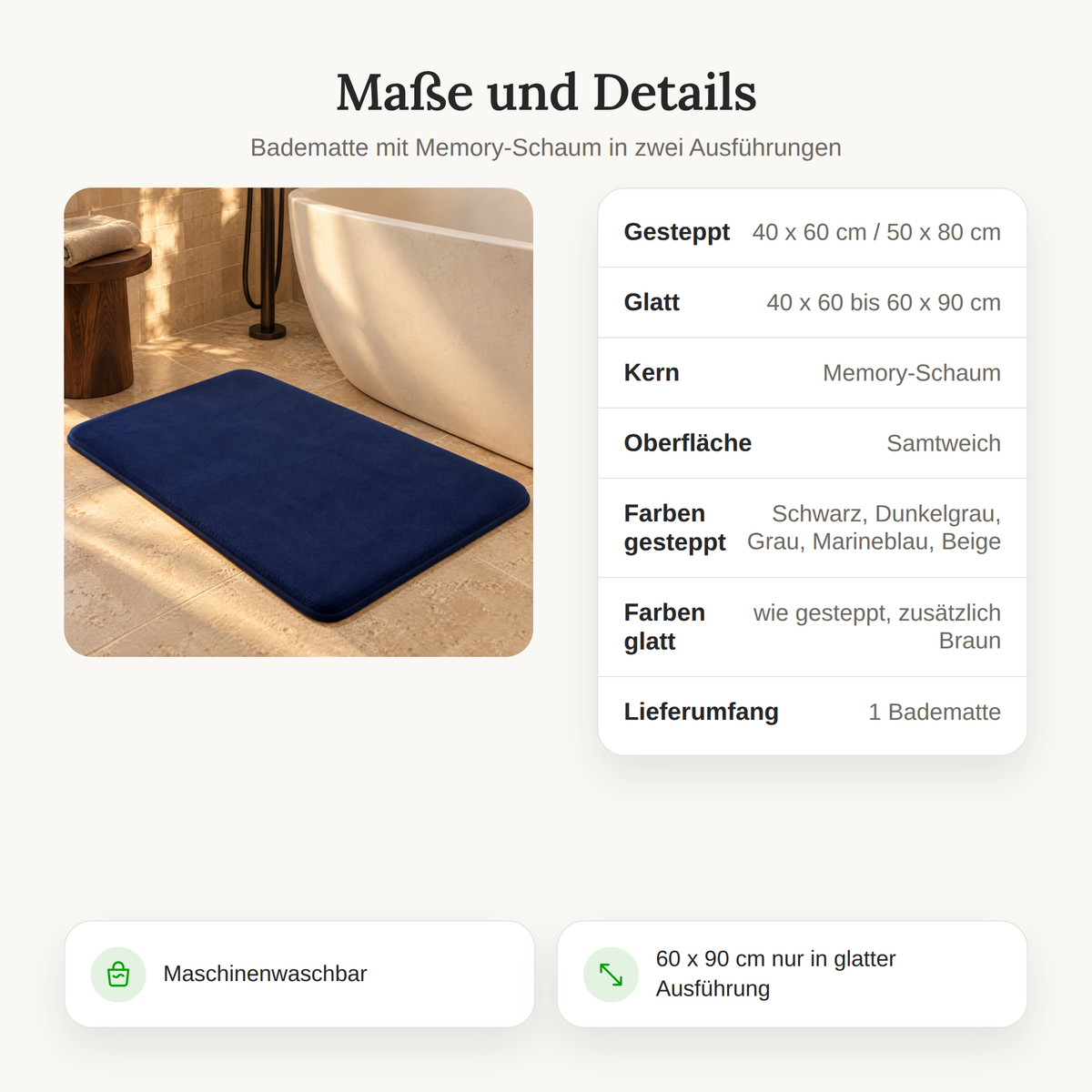 Maße und Details der Memory-Schaum-Badematte, gesteppt und glatt