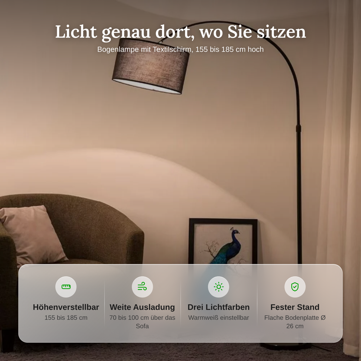 Übersicht der Merkmale der Bogenlampe: Höhe, Ausladung, Lichtfarben und Standfuß