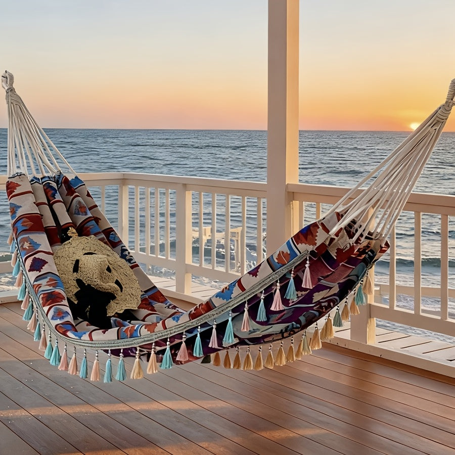 Boho Doppel Hängematte mit Quasten – Outdoor Hängematte mit Tragetasche & Befestigungsseilen für Garten, Balkon & Camping