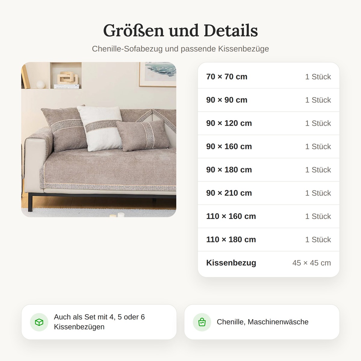 Größentabelle des Chenille-Sofabezugs von 70 x 70 cm bis 110 x 180 cm mit Kissenbezug 45 x 45 cm