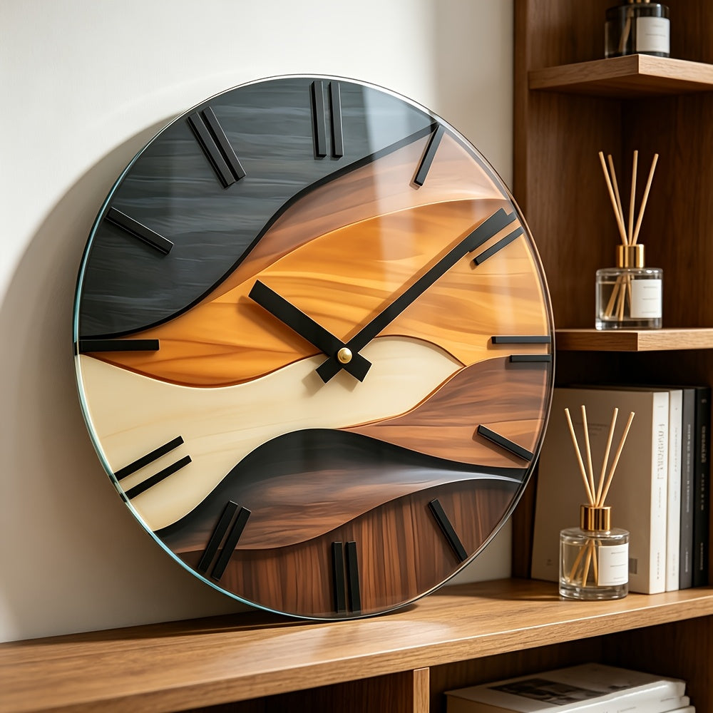 Moderne Wanduhr 30 cm in Glasoptik – Runde Designer Uhr mit Holzoptik, Wellenmuster & leisem Uhrwerk