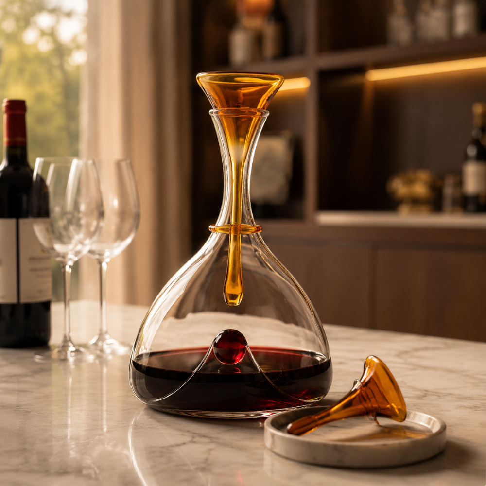 Mundgeblasene Weinkaraffe aus Klarglas – Eleganter Dekanter mit farbigem Stopfen und Kugeldetail