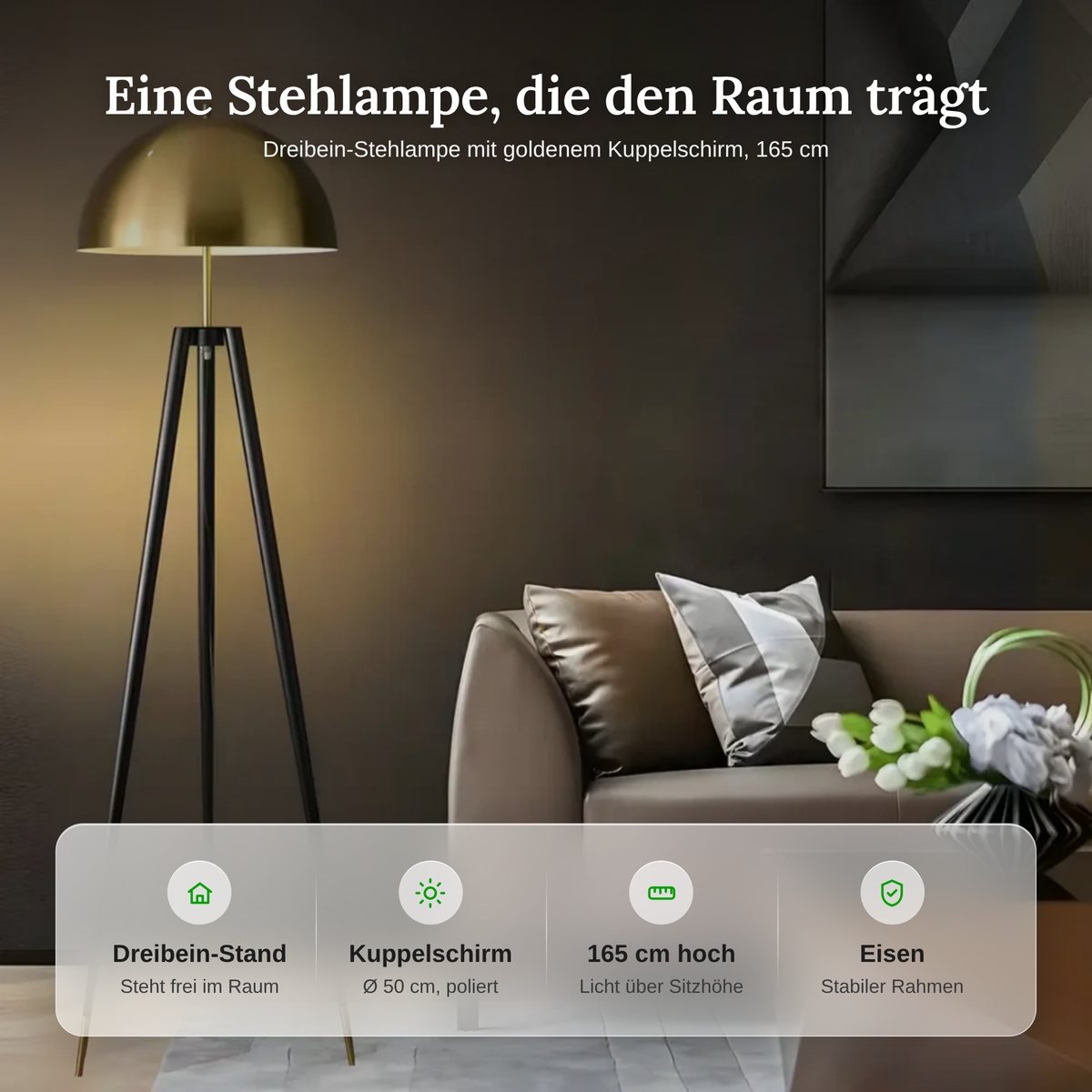 Merkmale der Dreibein-Stehlampe: Dreibein-Stand, Kuppelschirm, Höhe 165 cm und Eisenrahmen