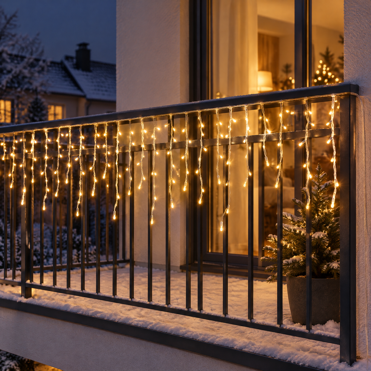 Warmweiße Eisregen Lichterkette am Balkongeländer eines weiß verputzten Hauses am Winterabend
