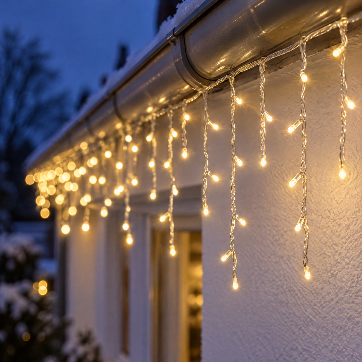 Nahaufnahme der Eisregen Lichterkette: warmweiße LEDs an klaren Strängen unter der Dachrinne