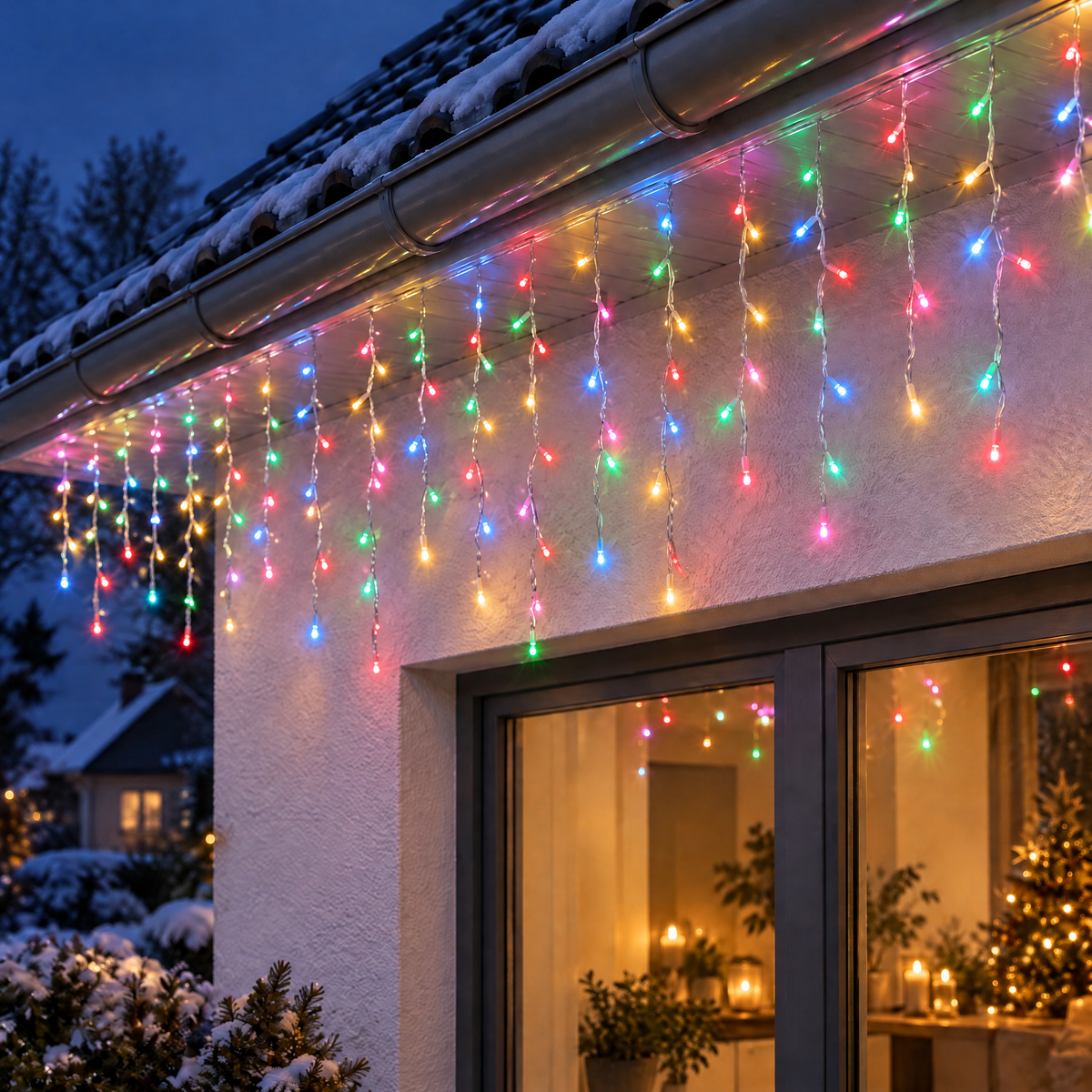 Eisregen Lichterkette außen in Bunt an der Dachrinne am Winterabend
