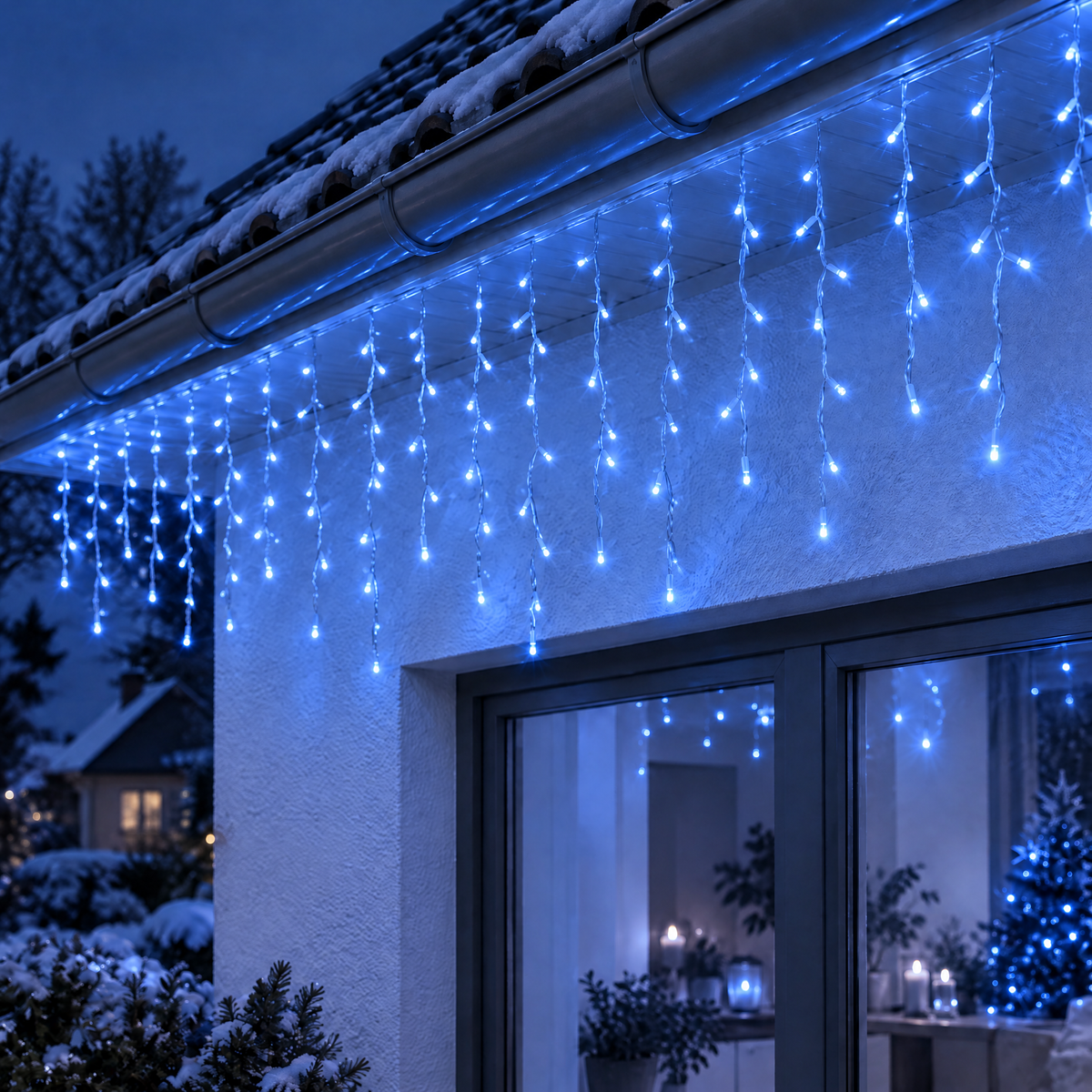Eisregen Lichterkette außen in Blau an der Dachrinne am Winterabend