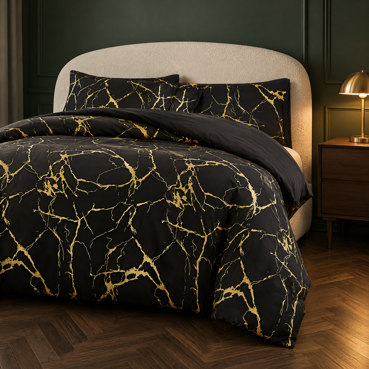 Marmor Bettwäsche mit Goldmuster, Bett mit Nachttisch und warmer Tischlampe