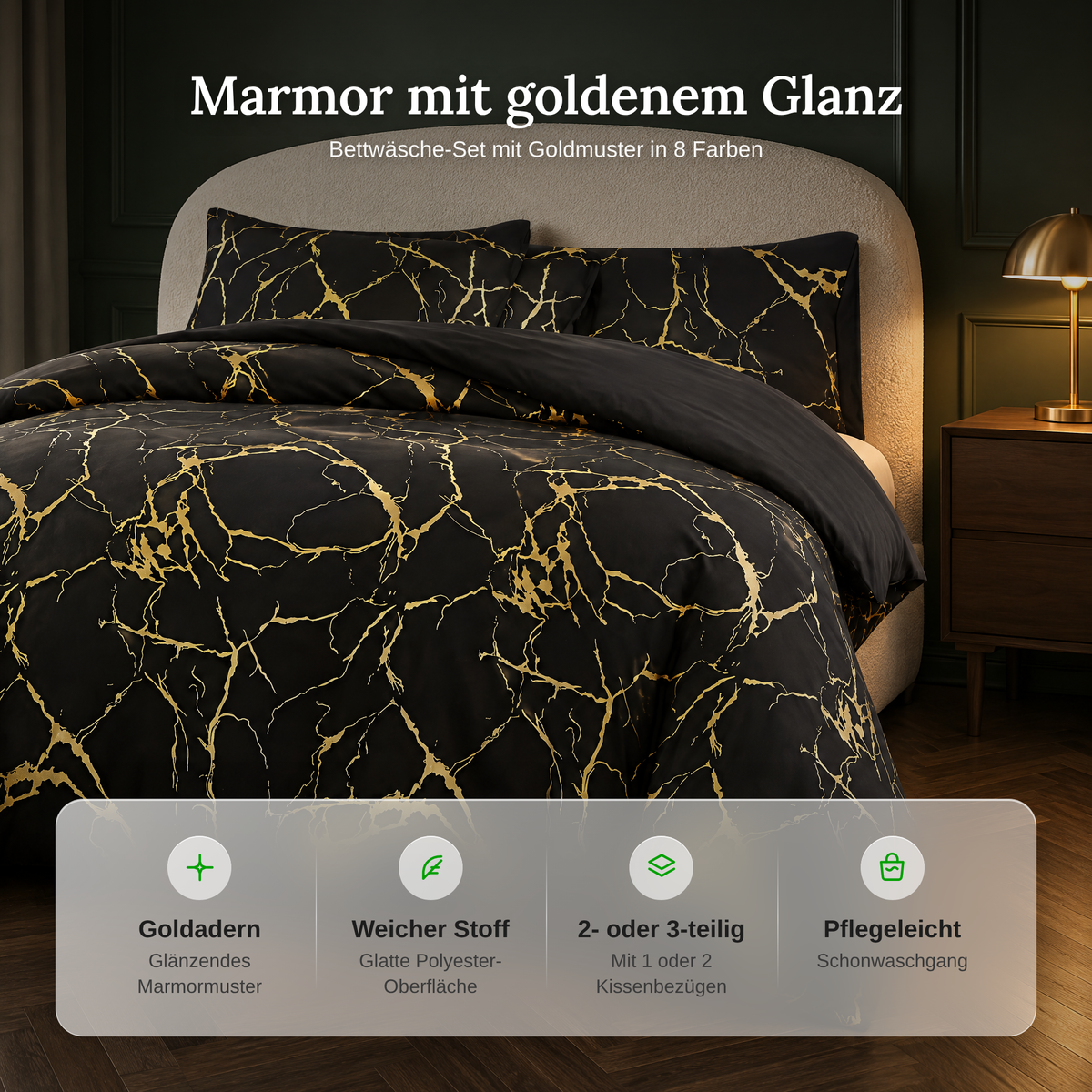 Vorteile der Marmor Bettwäsche mit Goldmuster: Goldadern, weicher Stoff, 2- oder 3-teilig, pflegeleicht