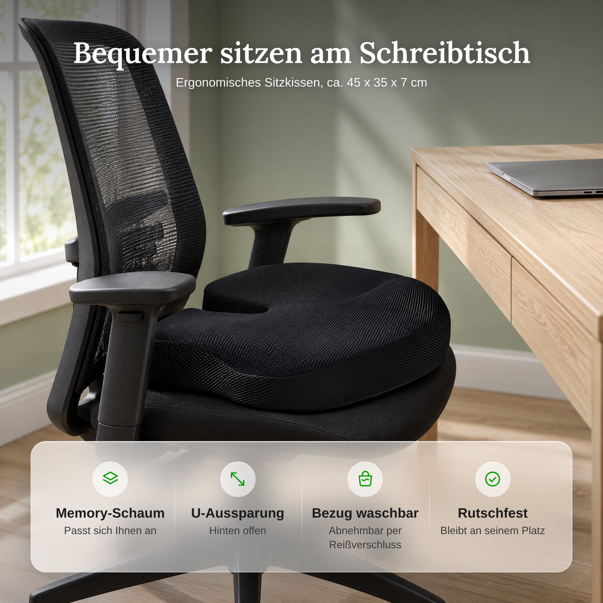 Vorteile des Sitzkissens: Memory-Schaum, U-Aussparung, waschbarer Bezug, rutschfest