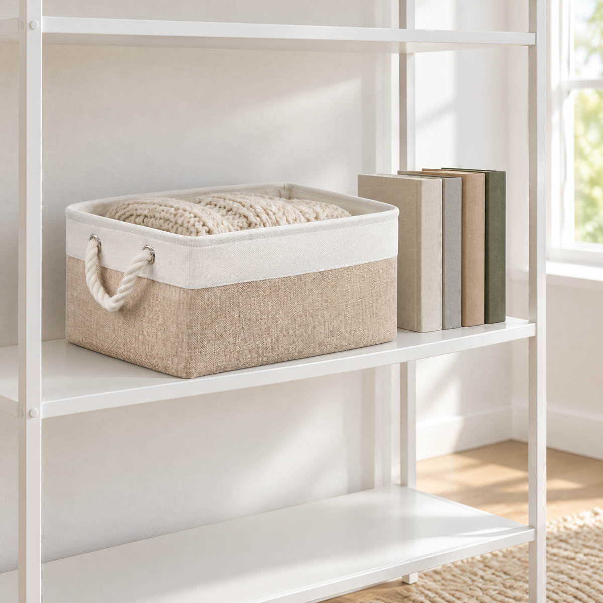 Aufbewahrungsbox mit gefalteter Decke neben Büchern im offenen Wohnzimmerregal