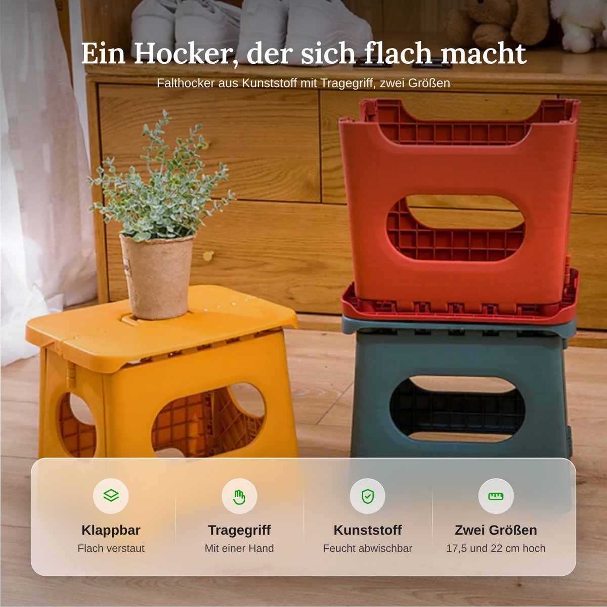 Merkmale des Falthockers: klappbar, Tragegriff, Kunststoff und zwei Größen