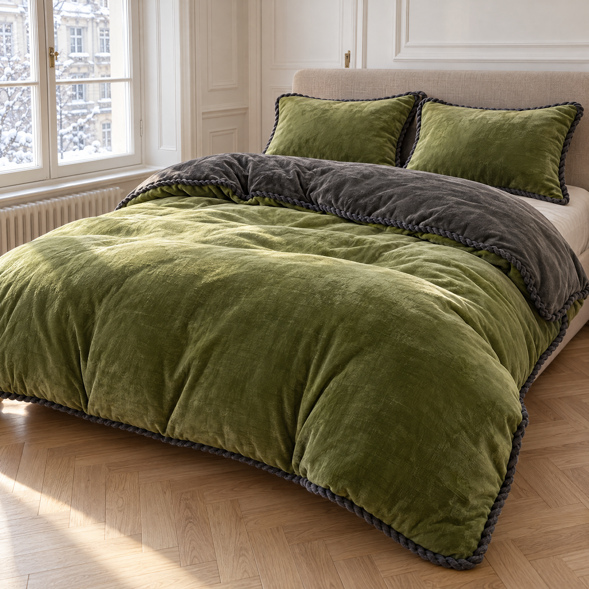 Flanell Bettwäsche in Moosgrün mit grauer Rückseite und Kordelkante auf einem Doppelbett im Altbau-Schlafzimmer