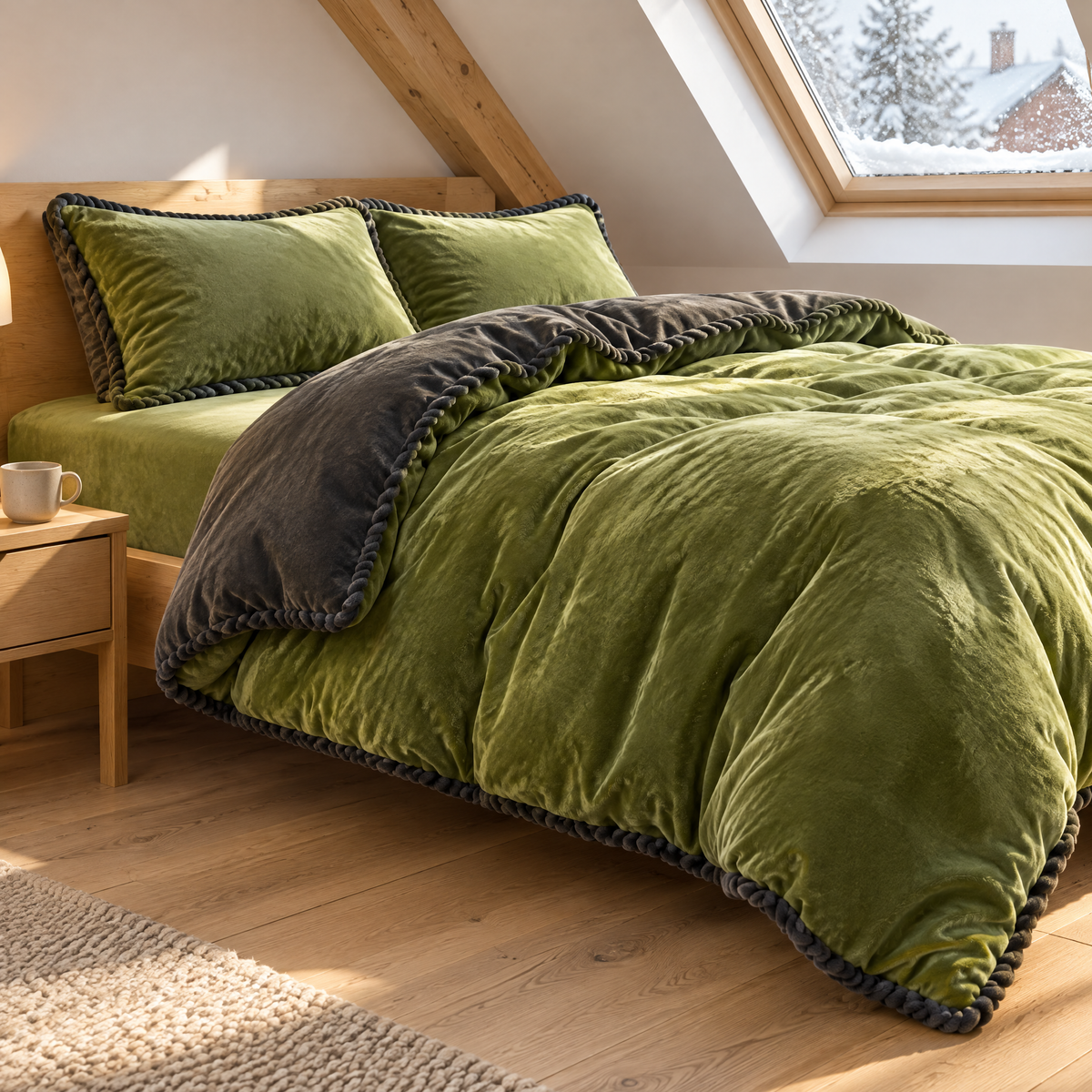 Flanell Bettwäsche Set in Moosgrün mit Bettlaken und Kissenbezügen im Dachschlafzimmer bei Winterlicht