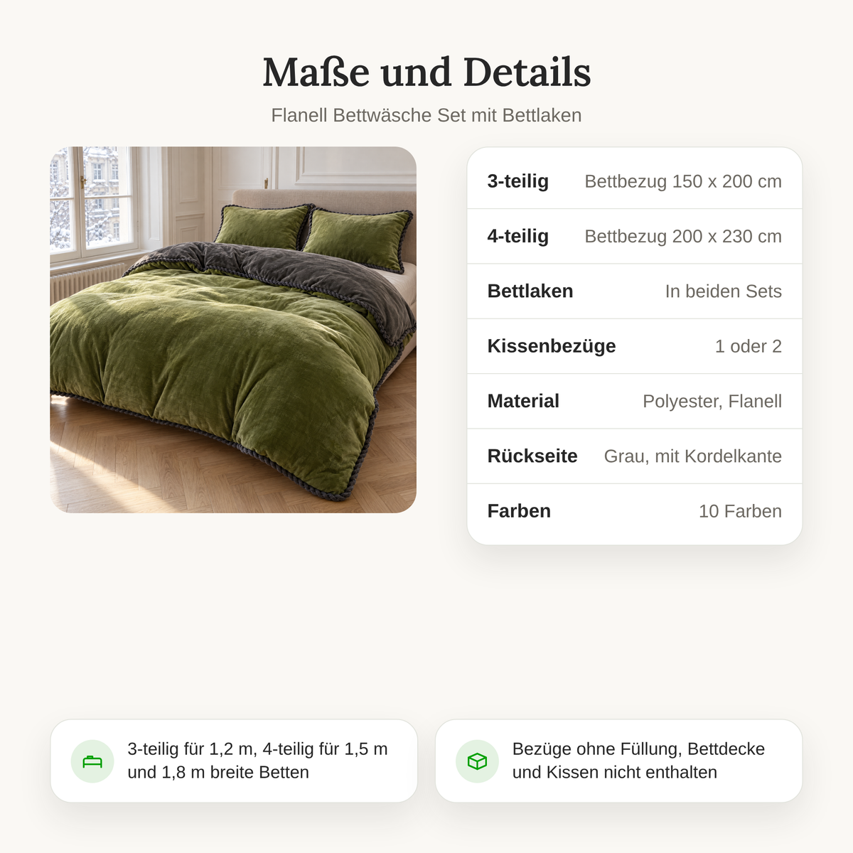 Maße und Details der Flanell Bettwäsche: 3-teilig mit Bezug 150 x 200 cm, 4-teilig mit Bezug 200 x 230 cm, je mit Bettlaken