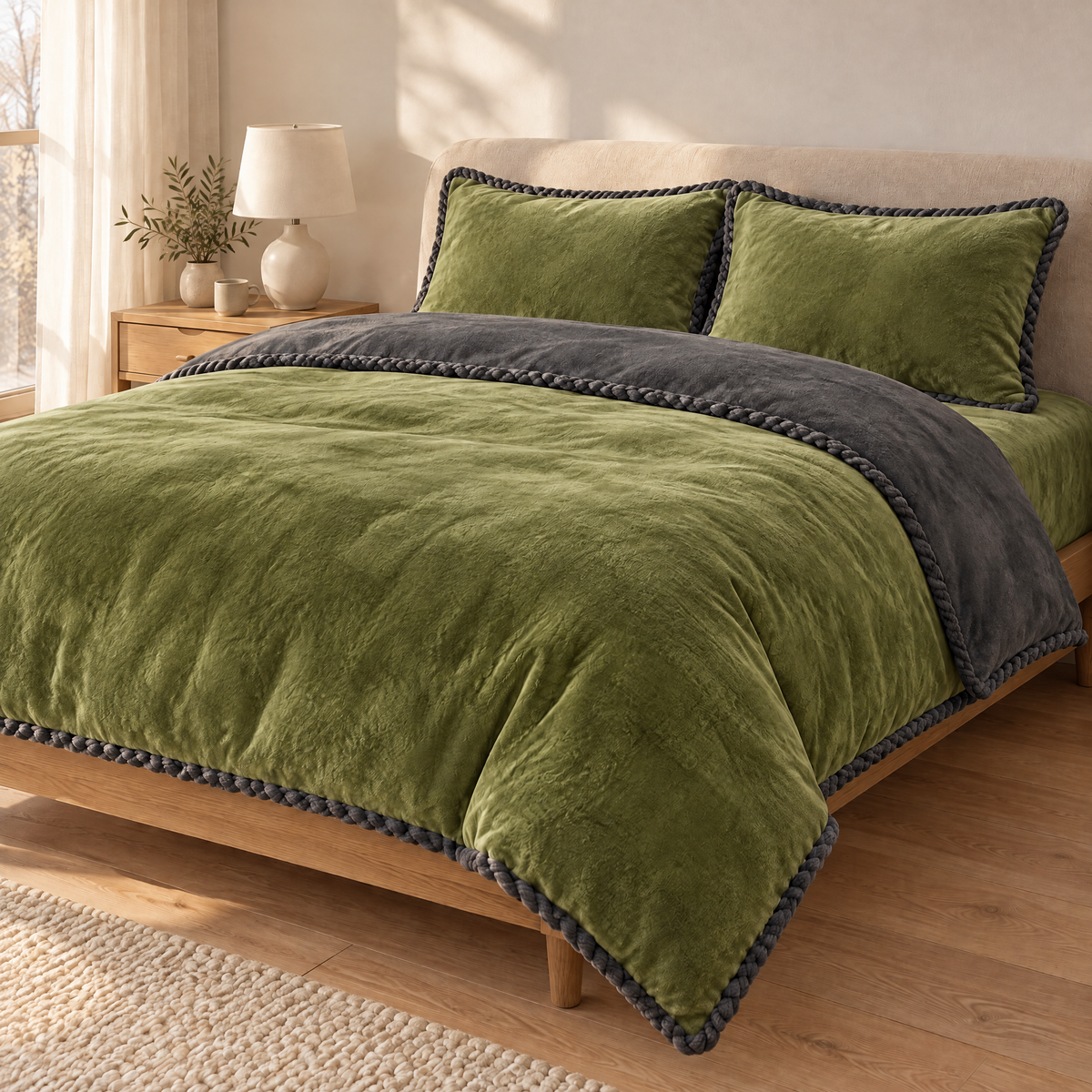 Flanell Bettwäsche in Moosgrün mit dunkelgrauer Rückseite und Kordelkante auf einem gemachten Doppelbett im hellen Schlafzimmer