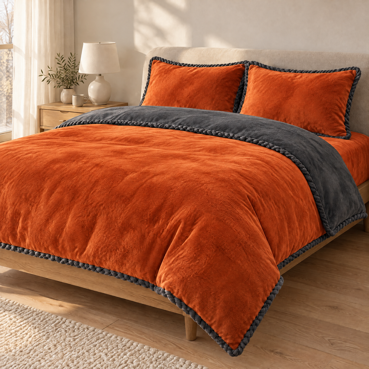Flanell Bettwäsche in Rostorange mit dunkelgrauer Rückseite und Kordelkante auf einem gemachten Doppelbett im hellen Schlafzimmer