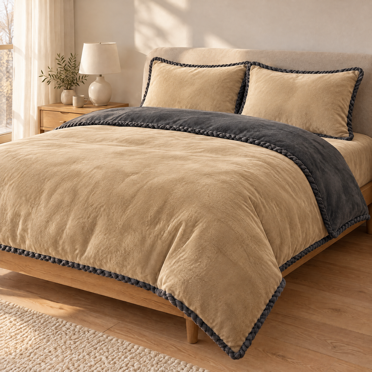 Flanell Bettwäsche in Sandbeige mit dunkelgrauer Rückseite und Kordelkante auf einem gemachten Doppelbett im hellen Schlafzimmer