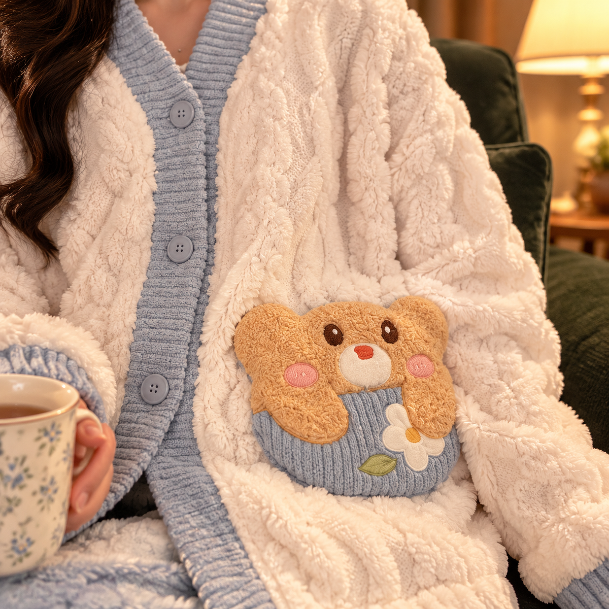 Nahaufnahme der Tasche mit Teddy-Applikation und Blume, blauer Strickblende mit Knöpfen und flauschigem cremefarbenem Zopfmuster-Stoff