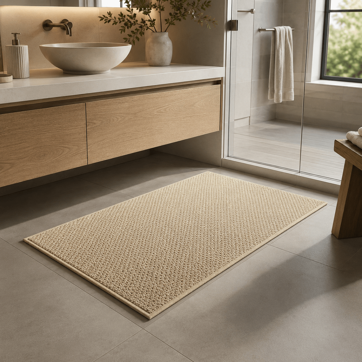 Beige Matte mit Schlingenflor vor einem Waschtisch im Badezimmer