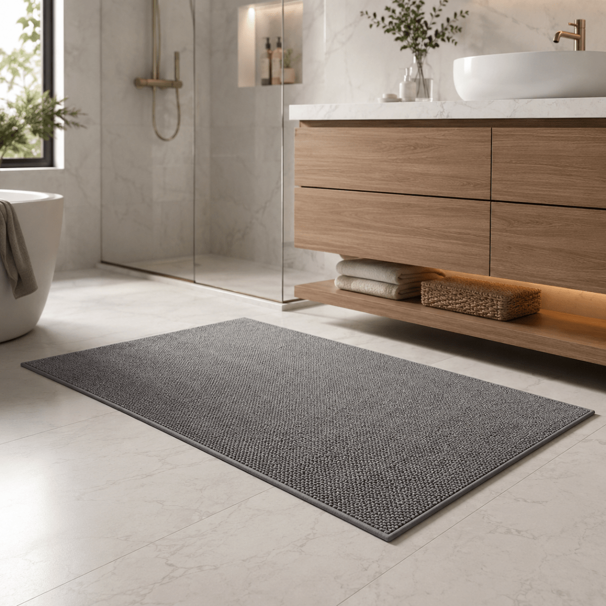 Graue Matte mit Schlingenflor im Badezimmer vor einem Waschtisch aus Holz