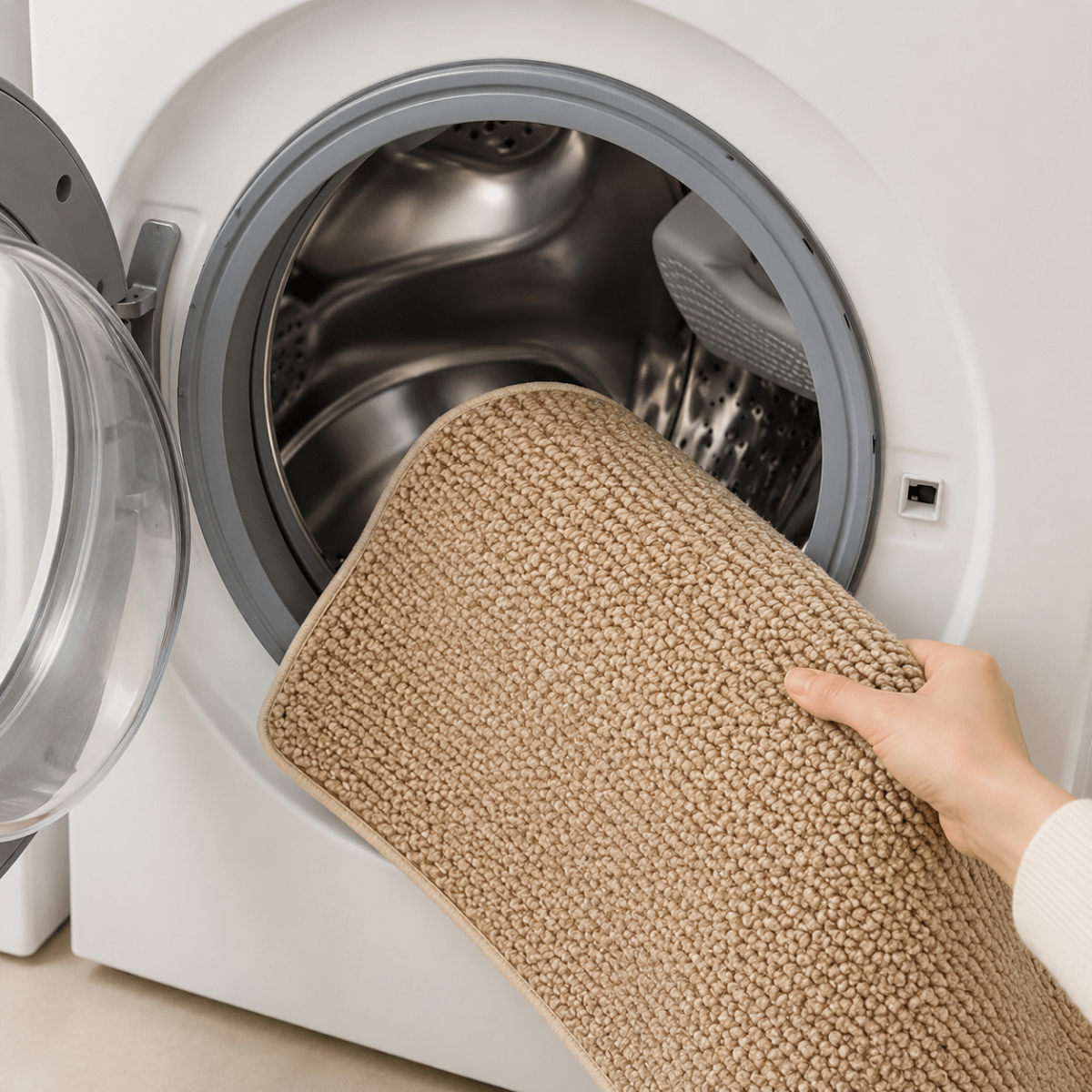 Matte mit Schlingenflor in Kaffeebraun wird in eine Waschmaschine gelegt
