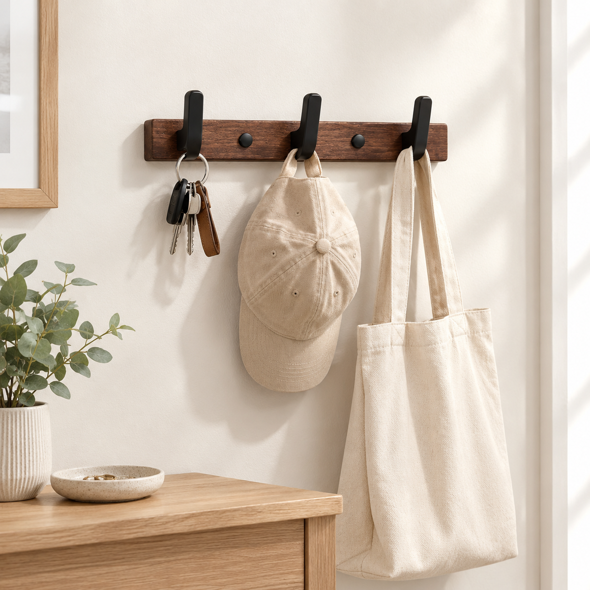 Walnussfarbene Hakenleiste mit 3 schwarzen Haken für Schlüssel, Cap und Tasche über einer Konsole