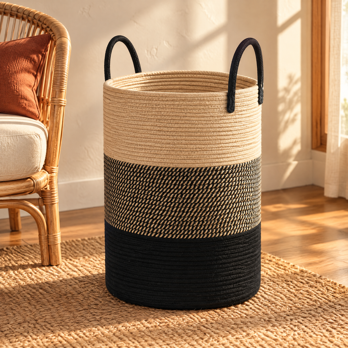 Geflochtener Wäschekorb aus Seil in Leinen Schwarz auf einem Juteteppich im Boho Wohnzimmer
