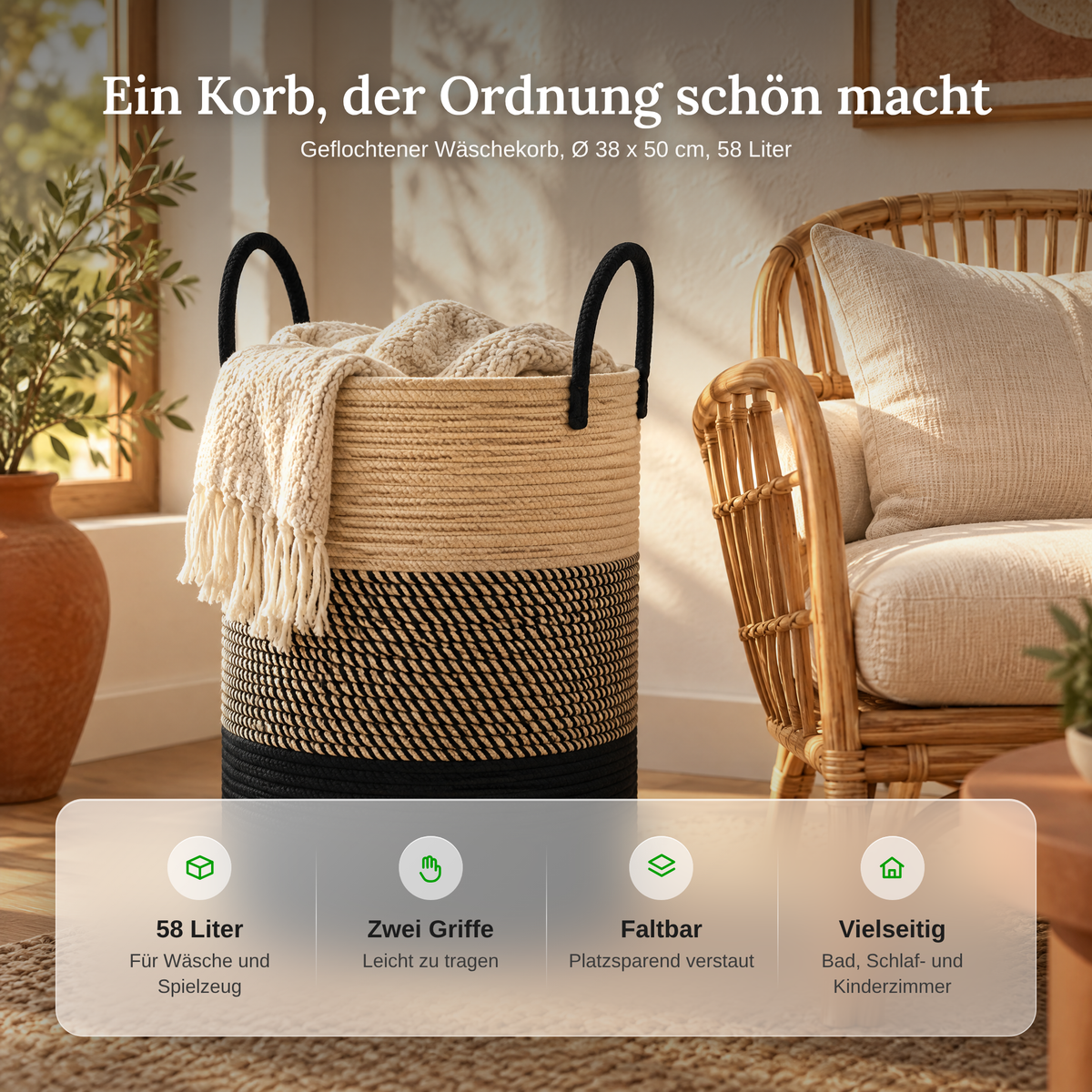 Vorteile des Wäschekorbs: 58 Liter, zwei Griffe, faltbar, vielseitig