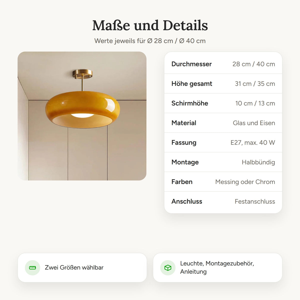 Maße der Glas Deckenleuchte: Ø 28 cm und Ø 40 cm, Höhe 31 und 35 cm, Fassung E27