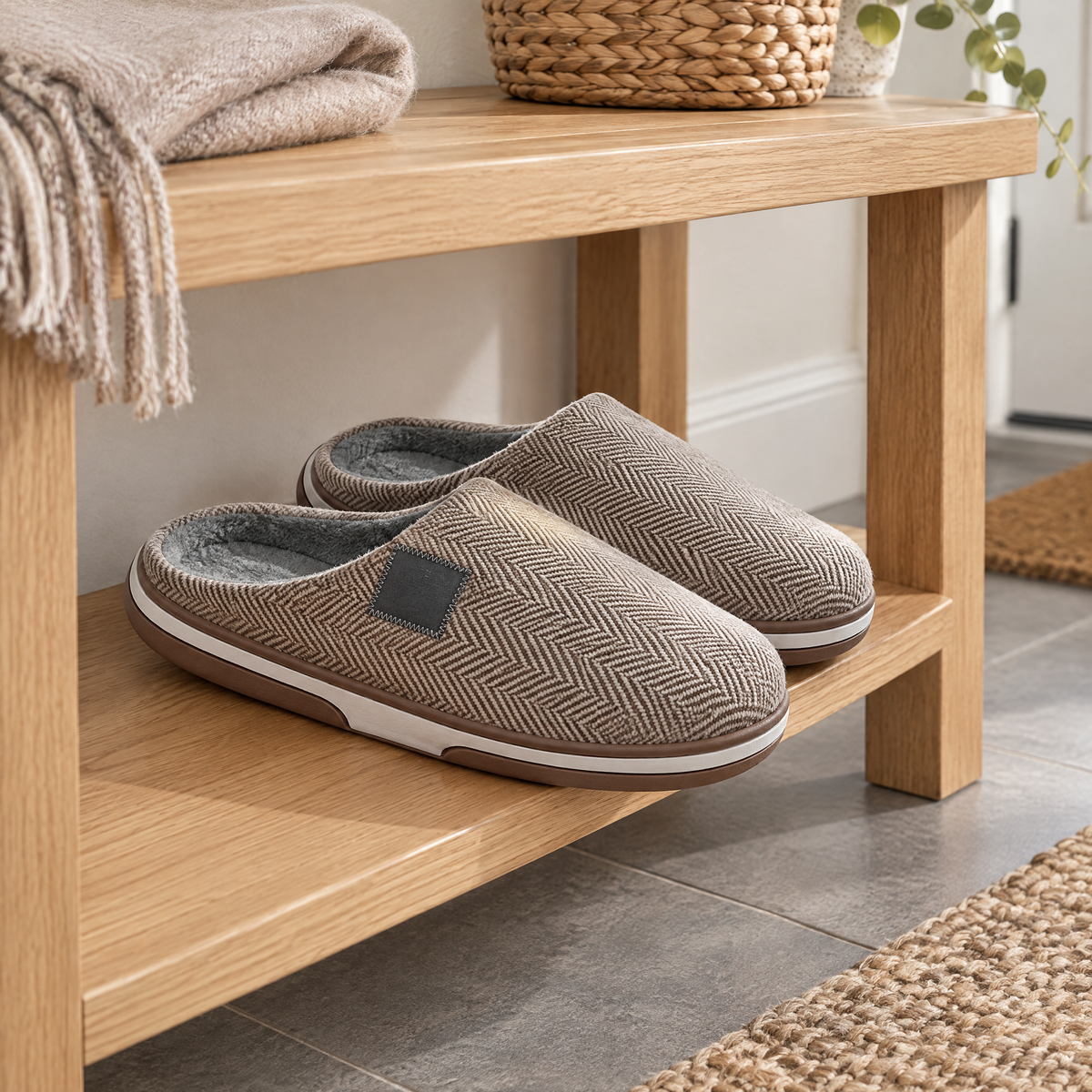 Kaffeebraune Pantoffeln mit Fischgrätmuster und Plüschfutter auf der Schuhbank im Eingangsbereich