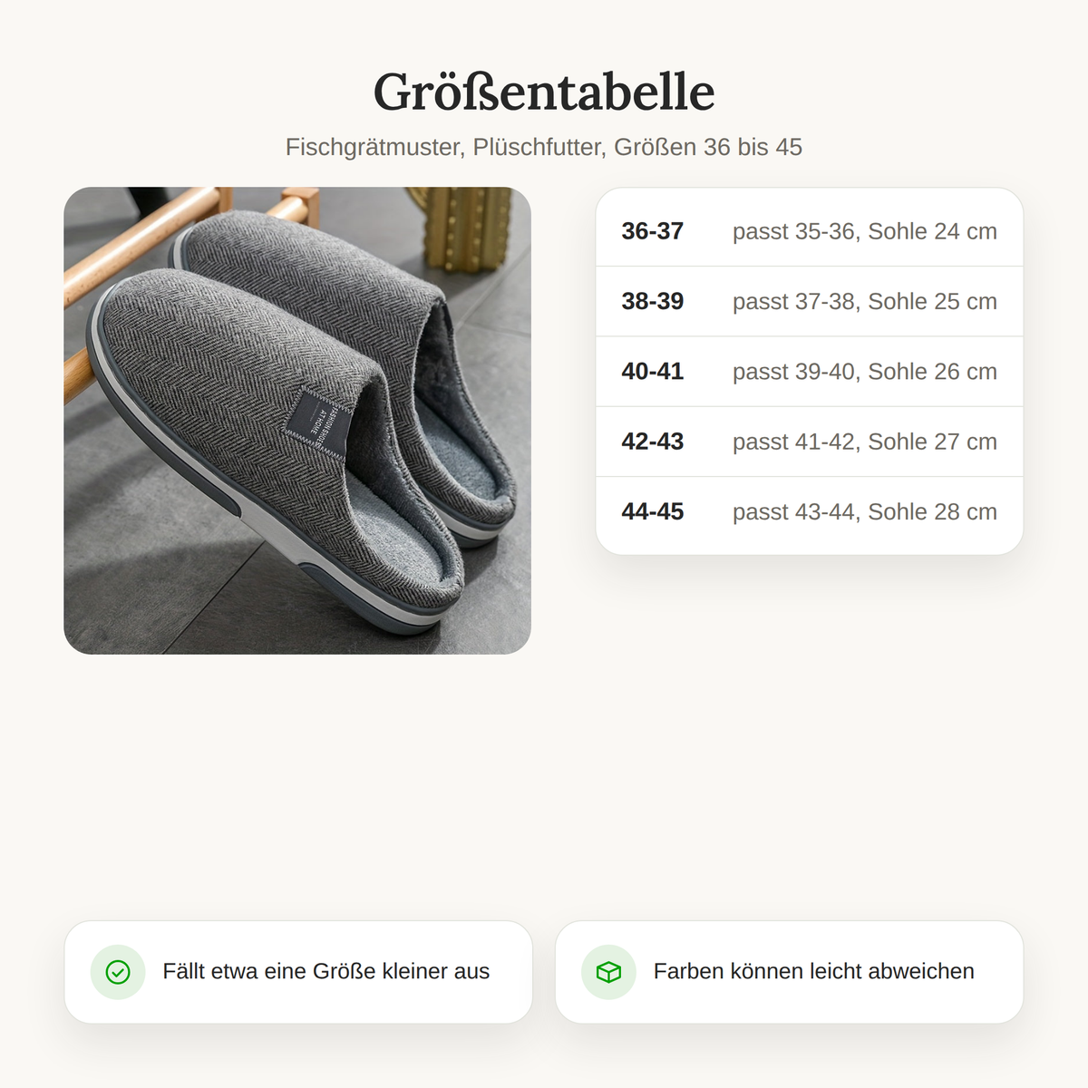 Größentabelle der Hausschuhe Damen und Herren: Größen 36-37 bis 44-45 mit Innensohlenlänge