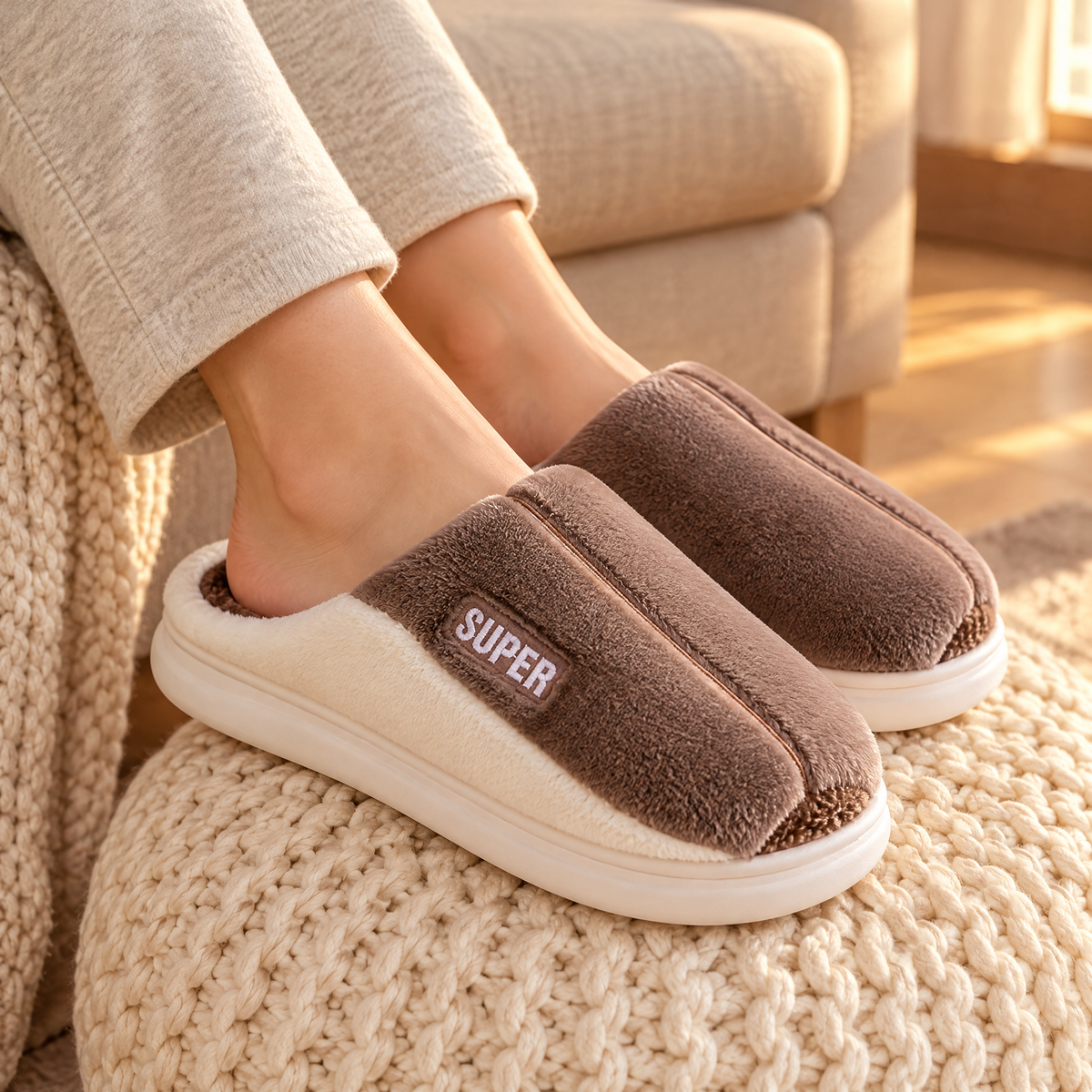 Hausschuhe Damen in Braun aus Plüsch mit cremeweißem Seitenteil, Füße auf einem Strickpouf im Wohnzimmer