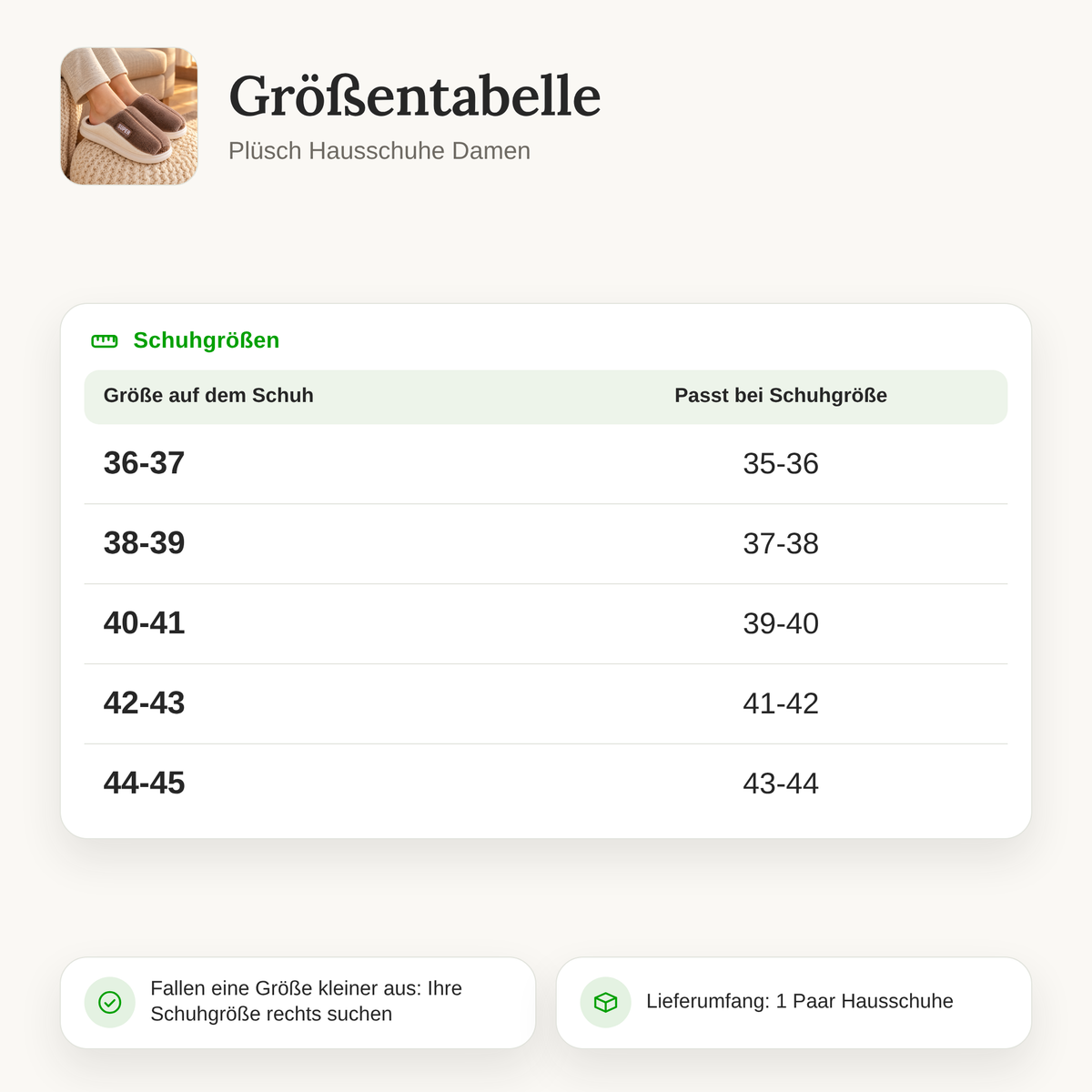 Größentabelle Plüsch Hausschuhe Damen: Größe auf dem Schuh und passende Schuhgröße für 36-37 bis 44-45