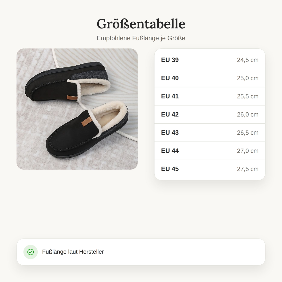 Größentabelle der Hausschuhe Herren mit Fußlänge je Größe