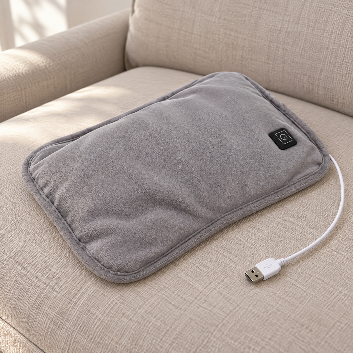 Heizkissen USB in Grau auf einem Sofakissen, mit sichtbarem USB-Kabel