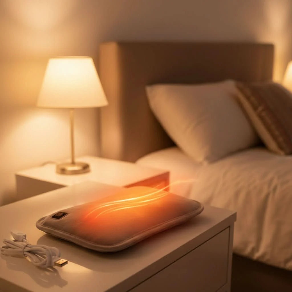 Heizkissen in Grau auf dem Nachttisch mit USB-Kabel, stilisierte Wärmedarstellung