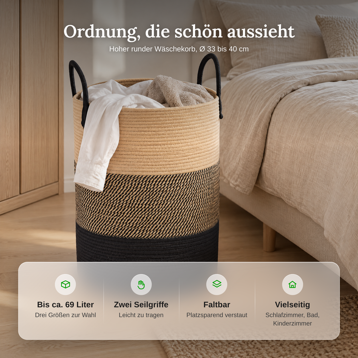 Vorteile des Wäschekorbs: bis ca. 69 Liter, zwei Seilgriffe, faltbar, vielseitig