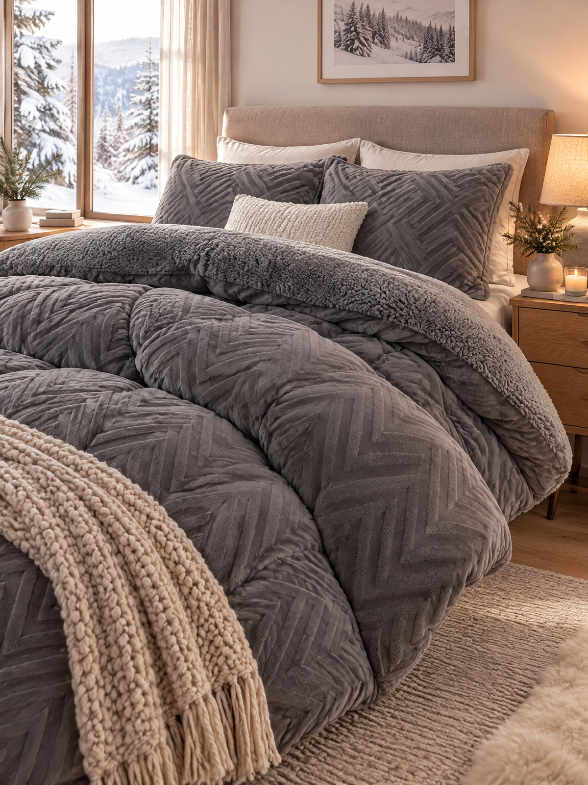 Schlafzimmer mit Bettwäsche und Nachttischleuchte