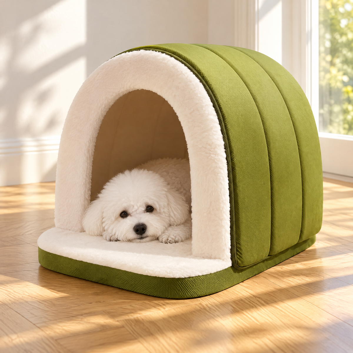 Grünes Hundebett mit Dach mit kleinem weißen Hund im sonnigen Wohnzimmer
