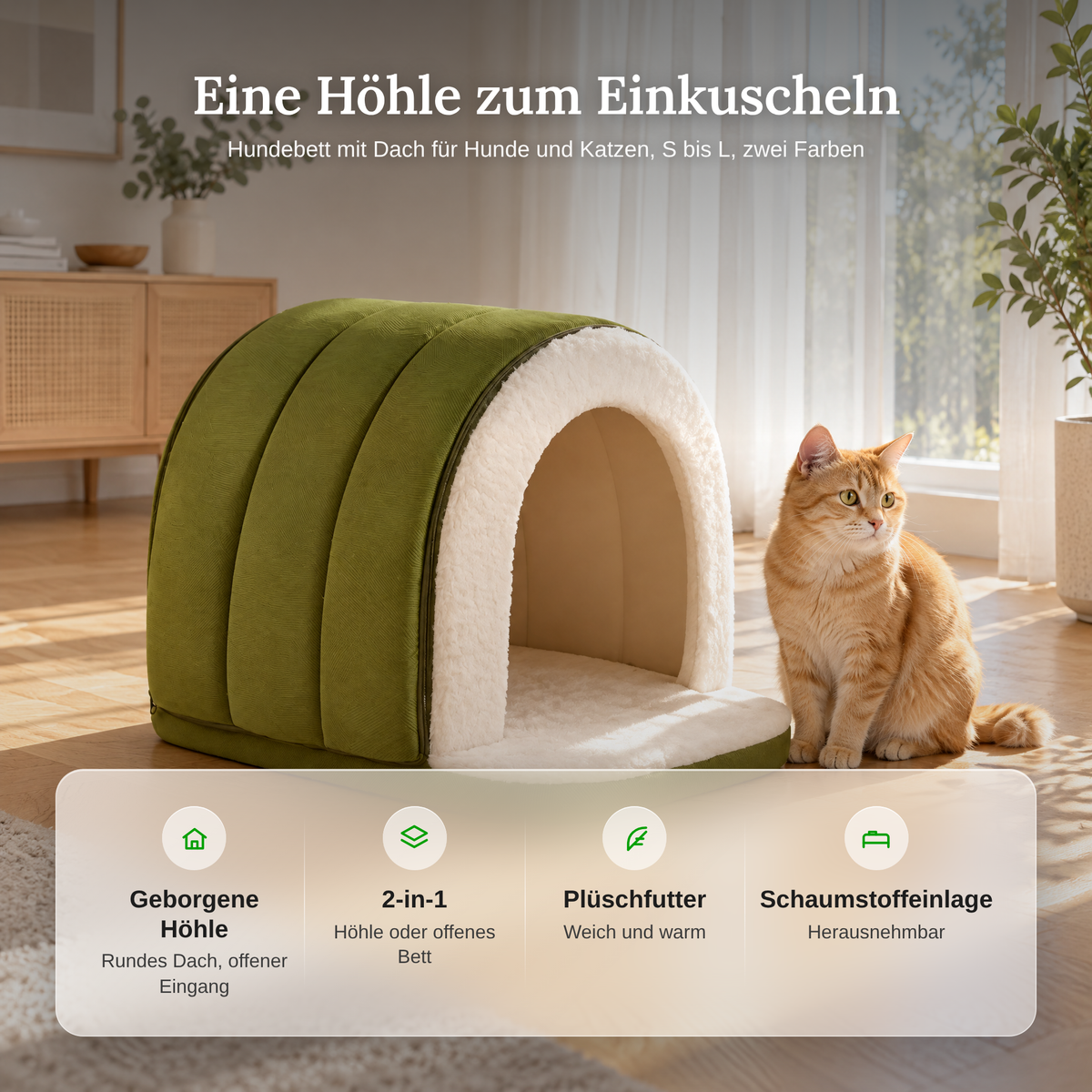 Vorteile des Hundebetts mit Dach: Geborgene Höhle, 2-in-1, Plüschfutter, herausnehmbare Schaumstoffeinlage