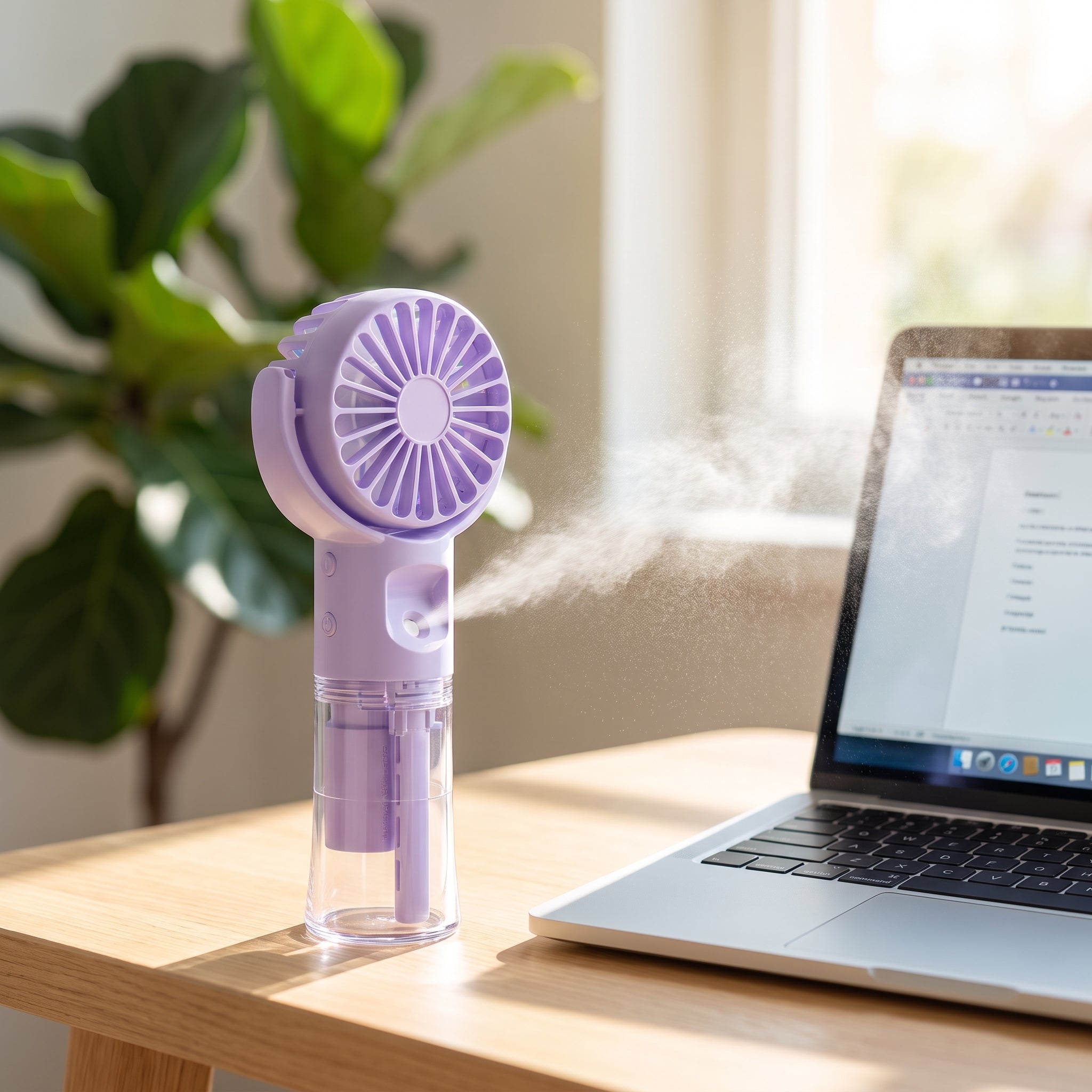Mini-Nebelventilator auf dem Schreibtisch mit Spruehnebel