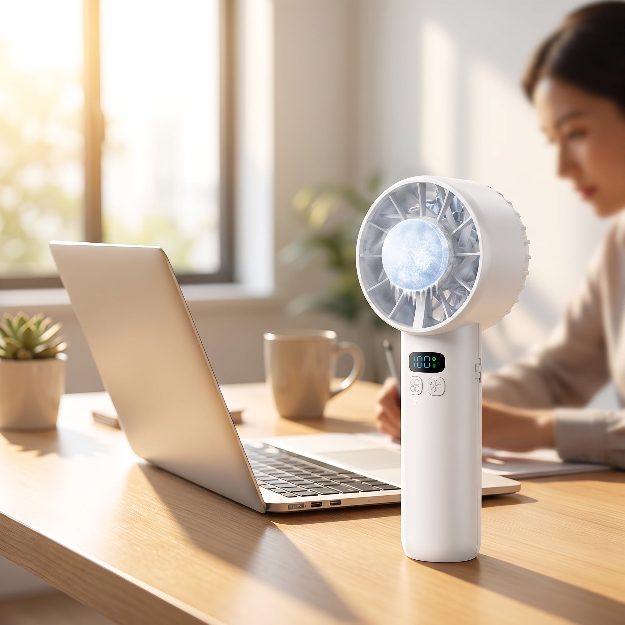 Weisser Handventilator auf dem Buero-Schreibtisch