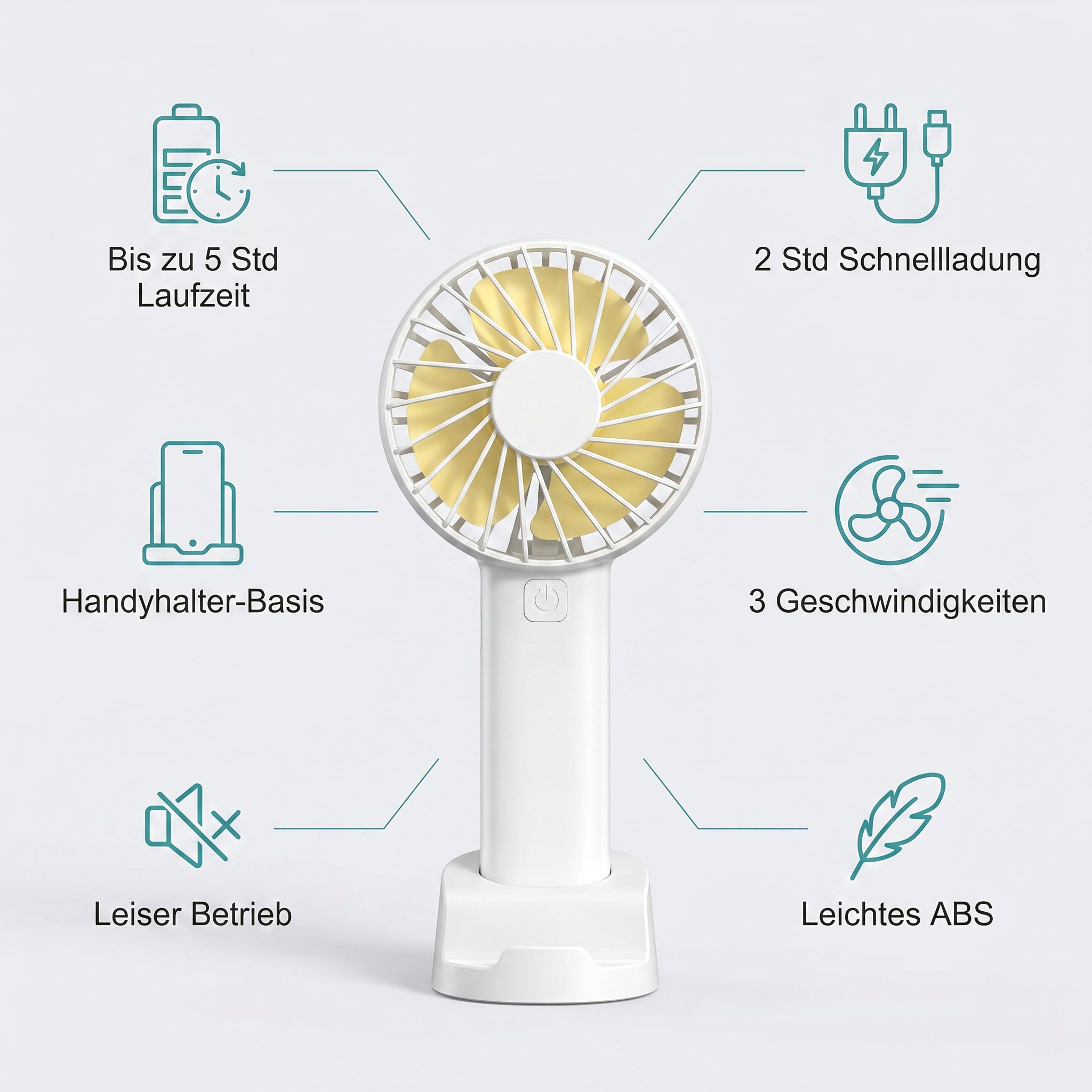 Funktionen USB-Handventilator: 5 Std Laufzeit, Handyhalter, 3 Geschwindigkeiten
