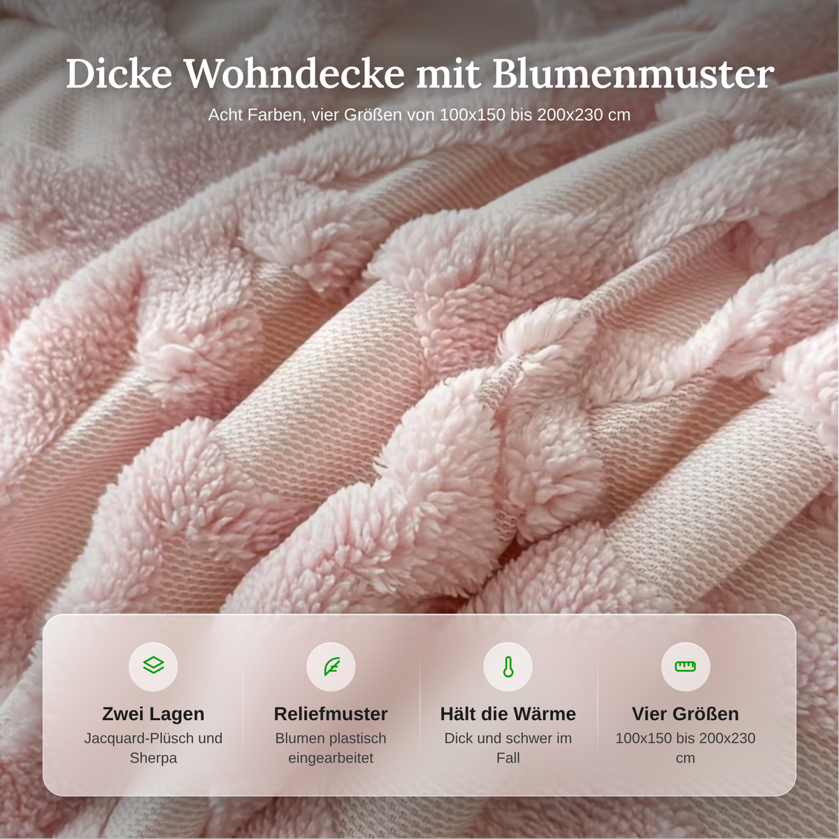 Merkmale der Wohndecke: zwei Lagen, Blumenrelief, wärmend, vier Größen